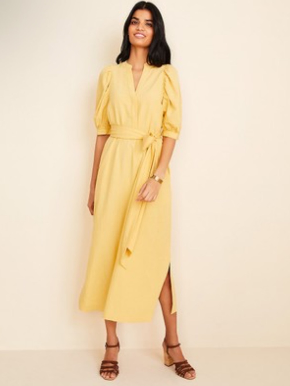 NWT Ann Taylor Puff Sleeve Midi Dress Linen Blend Sz. Small Butterscotch Yellow